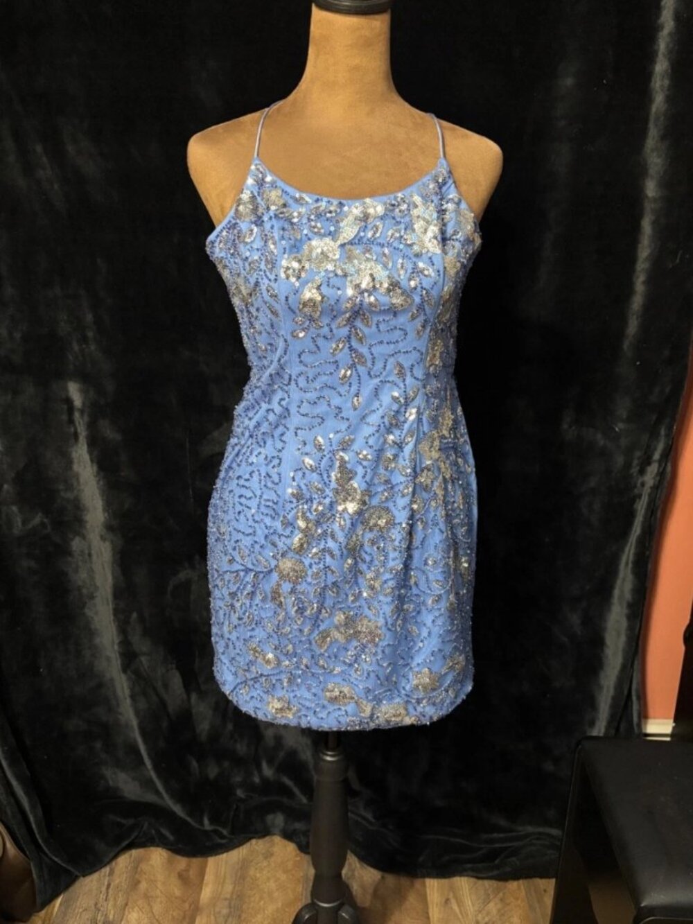 Light blue, silver beaded with floral embroidery